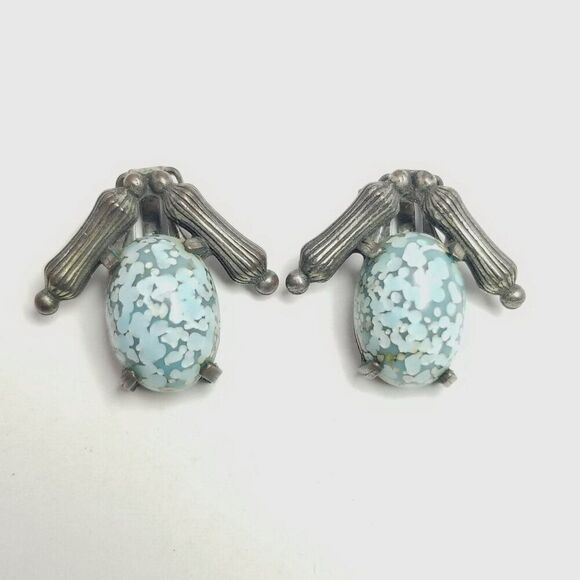 Vintage Blue Cabochon and Silver Tone Clip On Earrings, Retro Design, Estate - Picture 1 of 5